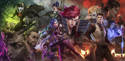 A vivid HD wallpaper featuring characters from the TV show Arcane and the game League of Legends, including Ekko, Heimerdinger, Viktor, Jayce, Mel Medarda, Caitlyn, Vi, and Jinx in an action-packed scene.