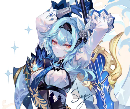 HD PC desktop wallpaper featuring Eula from the video game Genshin Impact, showcasing her icy blue hair and detailed armor with a soft background.