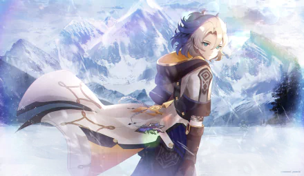 Albedo (Genshin Impact), video game character, stands amid snowy mountains, looking back in his alchemist coat — 4K Ultra HD PC desktop wallpaper/background.