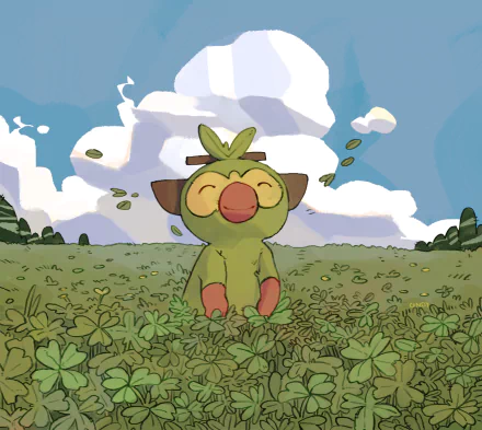 Grookey (Pokémon) anime HD PC desktop wallpaper: cheerful Grookey sitting in a clover field, leaves drifting, with a bright blue sky and fluffy clouds as a peaceful desktop background.