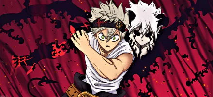 HD anime desktop wallpaper featuring Asta from Black Clover alongside Liebe, set against a dynamic red and black background.