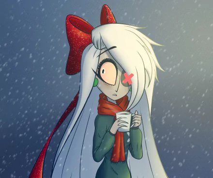 HD desktop wallpaper of Vaggie from the TV show Hazbin Hotel, featuring her with white hair, a red scarf, and a surprised expression in a snowy setting.