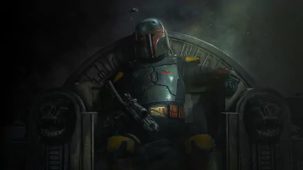 HD desktop wallpaper featuring Boba Fett from the TV show The Book of Boba Fett, sitting on a throne in a dimly lit, atmospheric setting.
