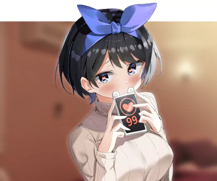 HD PC desktop wallpaper of Ruka Sarashina from Rent-A-Girlfriend: anime close-up, short black hair with blue bow, holding a phone displaying a heart icon and 99.