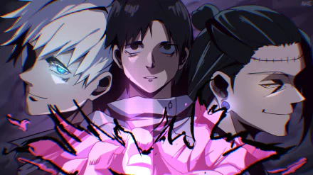 HD PC desktop wallpaper featuring three characters from the anime Jujutsu Kaisen with vibrant colors and dynamic lighting effects.