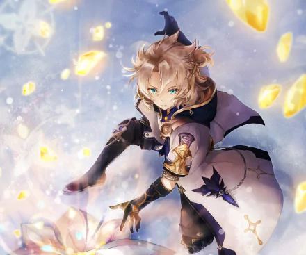 Albedo (Genshin Impact) video game HD PC desktop wallpaper/background: Albedo in a dynamic alchemist pose amid floating golden crystals against a soft blue, starry sky.
