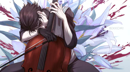 Viktor from League of Legends and Arcane plays a cello with intense emotion, set against a vivid floral background in this 4K Ultra HD PC desktop wallpaper.