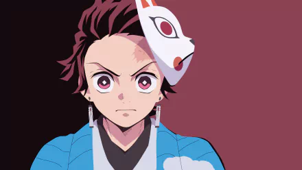 HD desktop wallpaper featuring Tanjiro Kamado from the anime Demon Slayer: Kimetsu no Yaiba, with his determined expression and a fox mask on his head.