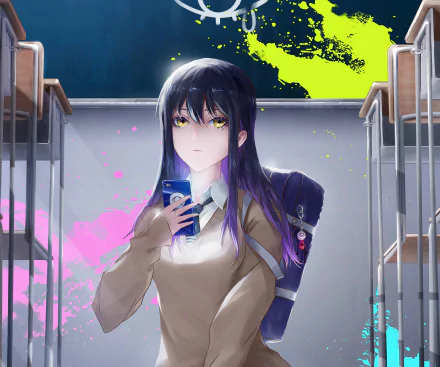 HD PC desktop wallpaper of Miko Yotsuya from the anime Mieruko-chan, featuring her holding a phone with a calm expression in a vibrant, colorful setting.