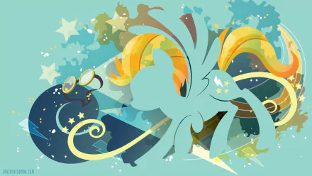 Minimalist 4K Ultra HD desktop wallpaper of Lightning Dust from the TV show My Little Pony: Friendship Is Magic, teal silhouette against starry, swirled yellow and turquoise background.