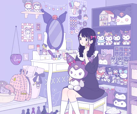 HD anime desktop wallpaper featuring Kuromi from Onegai My Melody, showcasing a girl holding a Kuromi plush in a pastel-themed room filled with Kuromi merchandise.