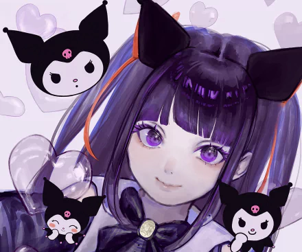 HD PC desktop wallpaper featuring Kuromi from Onegai My Melody anime, showcasing her with cat ears and surrounded by floating Kuromi icons in a vibrant, detailed style.
