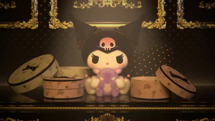 4K Ultra HD PC wallpaper featuring Kuromi from Onegai My Melody, depicted sitting with a purple teddy bear amid vintage-style hatboxes and ornate golden decor.