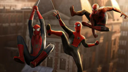 HD PC desktop wallpaper featuring three versions of Spider-Man, inspired by Peter Parker and the movie Spider-Man: No Way Home, swinging and posing in dynamic action scenes.