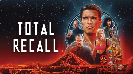 4K Ultra HD desktop wallpaper featuring Arnold Schwarzenegger in the 1990 movie Total Recall with an iconic sci-fi desert landscape and key characters.
