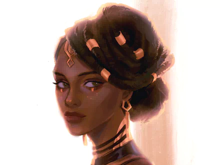 Mel Medarda from Arcane (TV show): stylized portrait in warm light, braided updo with gold accents — HD PC desktop wallpaper/background.