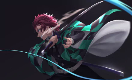 A striking 4K Ultra HD wallpaper featuring Tanjiro Kamado from Demon Slayer: Kimetsu no Yaiba, showcasing his intense battle stance with a dynamic sword motion.