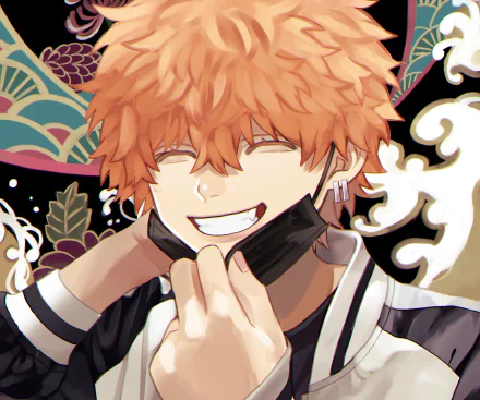 HD desktop wallpaper featuring Nahoya Kawata from the anime Tokyo Revengers, showcasing his playful smile and vibrant orange hair against a detailed patterned background.