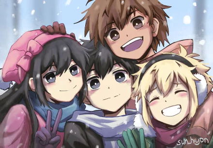 HD PC wallpaper featuring Kel, Basil, Aubrey, and Sunny from the video game OMORI, showcasing the four friends smiling together in a bright, snowy setting.
