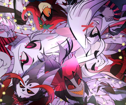 HD PC desktop wallpaper featuring Hazbin Hotel characters Niffty, Vaggie, Husk, Charlie Morningstar, Angel Dust, and Alastor in a vibrant TV show collage.