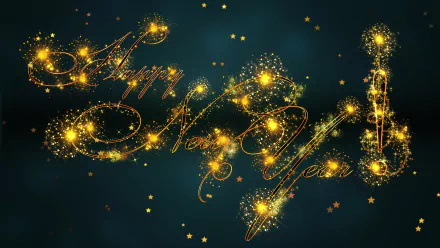 HD PC desktop wallpaper: glittering golden Happy New Year! script with twinkling stars on a dark teal background, festive holiday New Year design.