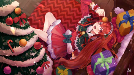 Eris Boreas Greyrat from Mushoku Tensei: Jobless Reincarnation in festive attire, surrounded by Christmas decorations and presents, featured as a vibrant HD anime desktop wallpaper.