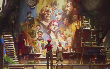 Ekko and Vi from *League of Legends* stand before a vibrant mural depicting characters from the TV show *Arcane*, set in a detailed, colorful environment.