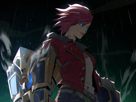 HD desktop wallpaper of Vi from League of Legends and the TV show Arcane, featuring her in a dark, rainy atmosphere with glowing blue eyes and mechanical gauntlets.