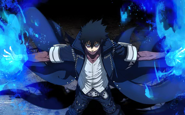 Dabi from My Hero Academia unleashes blue flames in this vibrant 4K Ultra HD anime wallpaper, capturing intense energy and dynamic action.
