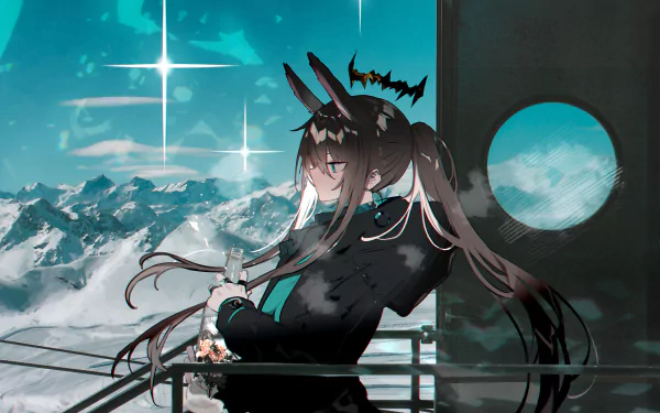 Amiya (Arknights) from the video game Arknights on a snowy mountain balcony, long ears and flowing hair against a teal sky with stars — 2K Quad HD PC desktop wallpaper/background.