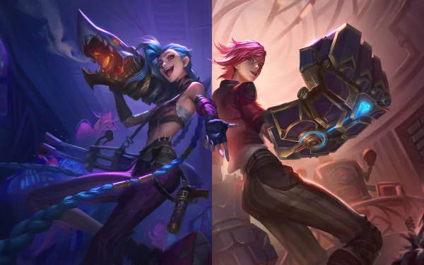 Jinx and Vi from League of Legends and the TV show Arcane face off, depicted in detailed 8K Ultra HD PC desktop wallpaper style.