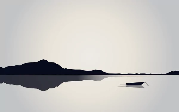 Minimalist artistic landscape featuring a calm body of water with a small boat and distant mountains, rendered in 8K Ultra HD for a PC desktop wallpaper.
