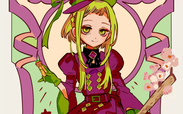 HD anime desktop wallpaper featuring Sakura Nanamine from Toilet-bound Hanako-kun, dressed in detailed purple and green attire with a floral and magical theme.