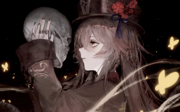 HD PC desktop wallpaper featuring Hu Tao from the video game Genshin Impact, holding a skull with glowing butterflies around her in a dark, ethereal setting.