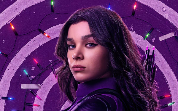 Hailee Steinfeld as Kate Bishop from the TV show Hawkeye, featured in a 4K Ultra HD PC desktop wallpaper with a purple arch and colorful lights background.