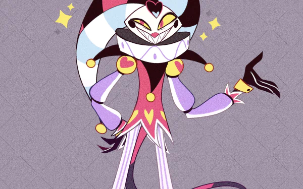HD desktop wallpaper featuring Fizzarolli from the TV show Helluva Boss, showcasing the character's colorful jester design against a textured background.