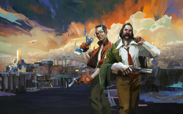 4K Ultra HD PC desktop wallpaper featuring stylized characters from the video game Disco Elysium against an abstract, colorful urban backdrop.