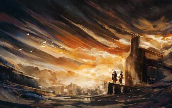 4K Ultra HD PC desktop wallpaper featuring a dramatic, moody skyline with two figures overlooking a cityscape from the video game Disco Elysium.