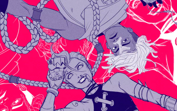 4K Ultra HD wallpaper featuring Ekko and Jinx from the Arcane TV show, set against a vibrant red and purple background.