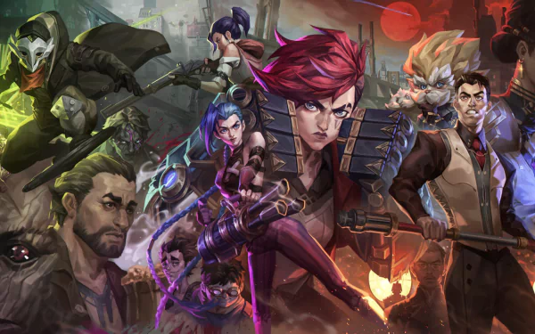 A vivid HD wallpaper featuring characters from the TV show Arcane and the game League of Legends, including Ekko, Heimerdinger, Viktor, Jayce, Mel Medarda, Caitlyn, Vi, and Jinx in an action-packed scene.