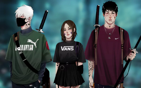 Anime-inspired 4K wallpaper featuring characters Rin Nohara, Kakashi Hatake, and Obito Uchiha wearing Nike, Puma, and Vans branded streetwear with swords.