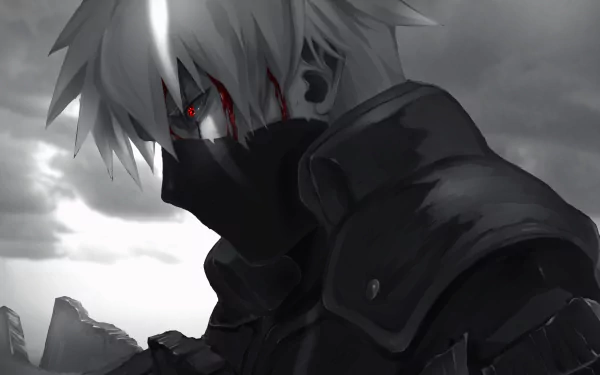 Kakashi Hatake from Naruto in a dark anime style, depicted in dramatic grayscale with glowing red eyes, rendered as a 4K Ultra HD PC desktop wallpaper.