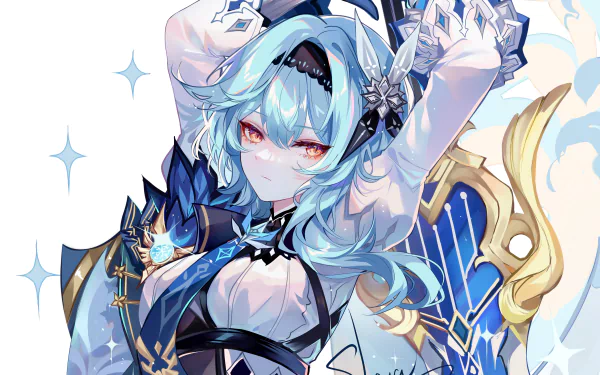 HD PC desktop wallpaper featuring Eula from the video game Genshin Impact, showcasing her icy blue hair and detailed armor with a soft background.