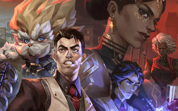 4K Ultra HD desktop wallpaper featuring Mel Medarda and other key characters from the TV show Arcane, showcasing dynamic poses and vibrant colors.