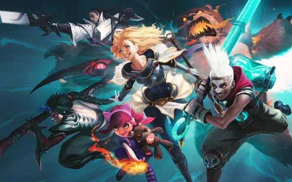 HD PC desktop wallpaper of Ekko (League of Legends) and fellow champions bursting through neon-blue energy as Ekko swings his glowing timeblade in a dynamic video game action scene.