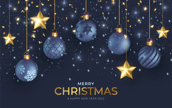 4K Ultra HD Christmas wallpaper featuring hanging blue baubles and glowing gold stars against a snowy dark background with Merry Christmas text.