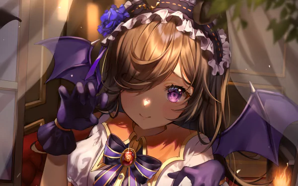 HD PC desktop wallpaper of Rice Shower from Uma Musume: Pretty Derby — anime girl winking with purple eyes, bat-like wings, maid headpiece and ribbon, warm glowing lighting.