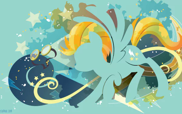 Minimalist 4K Ultra HD desktop wallpaper of Lightning Dust from the TV show My Little Pony: Friendship Is Magic, teal silhouette against starry, swirled yellow and turquoise background.