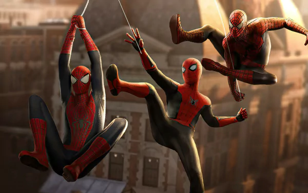 HD PC desktop wallpaper featuring three versions of Spider-Man, inspired by Peter Parker and the movie Spider-Man: No Way Home, swinging and posing in dynamic action scenes.