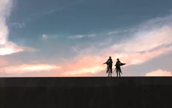HD anime wallpaper featuring silhouettes of Erwin Smith and Levi Ackerman from Attack on Titan against a dramatic sky at sunset.